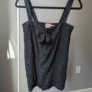Juicy Couture Black Eyelet Floral Embroidered Tank Top Bow Smocked Size P XS